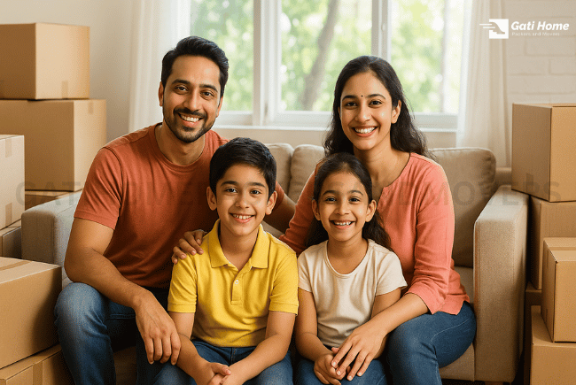 Happy Indian family relaxing after successful home relocation
