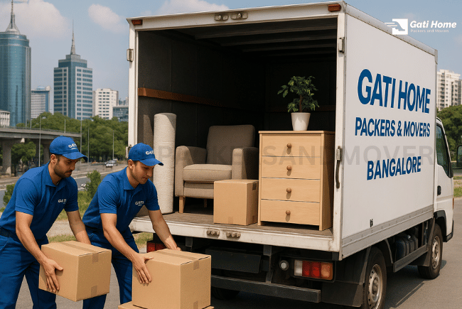 Gati movers loading boxes into a moving truck in Bangalore