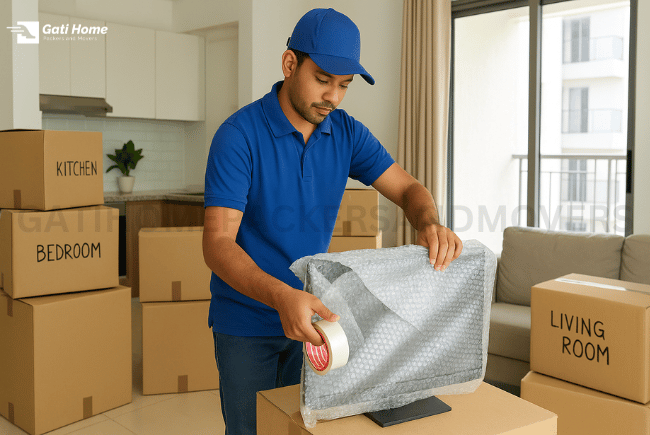 Professional packing fragile items for home relocation