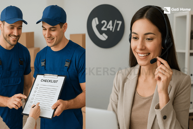 Movers assisting a client and 24/7 customer support representative