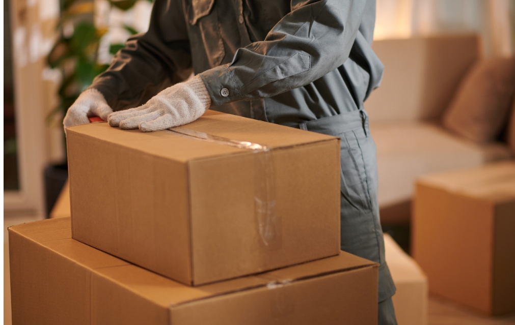 Movers sealing packed boxes for transport