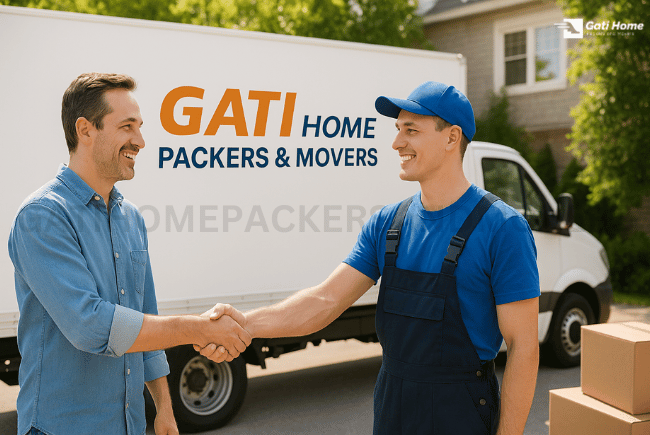 Customer shaking hands with a Gati mover in front of truck