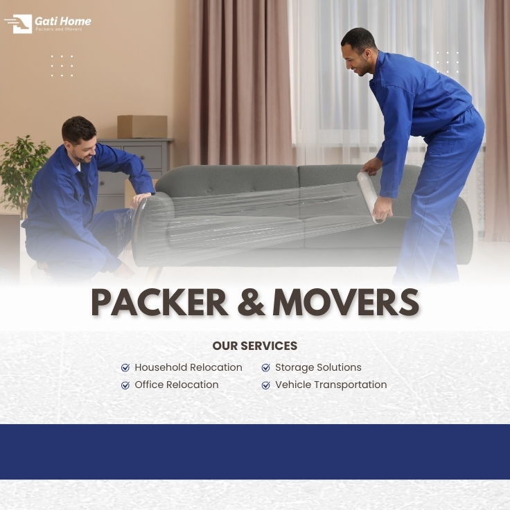 Two professional movers wrapping a grey sofa for relocation – Gati Home Packers and Movers service in India.