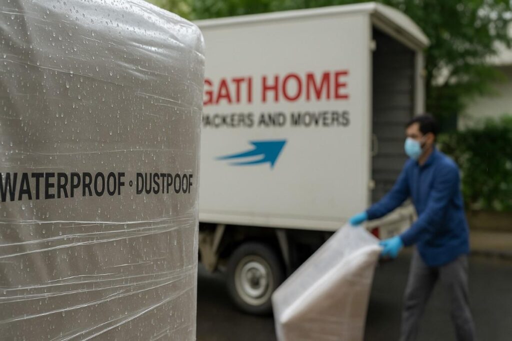 Movers in Telangana using bubble wrap and hydraulic lifts for safe packing